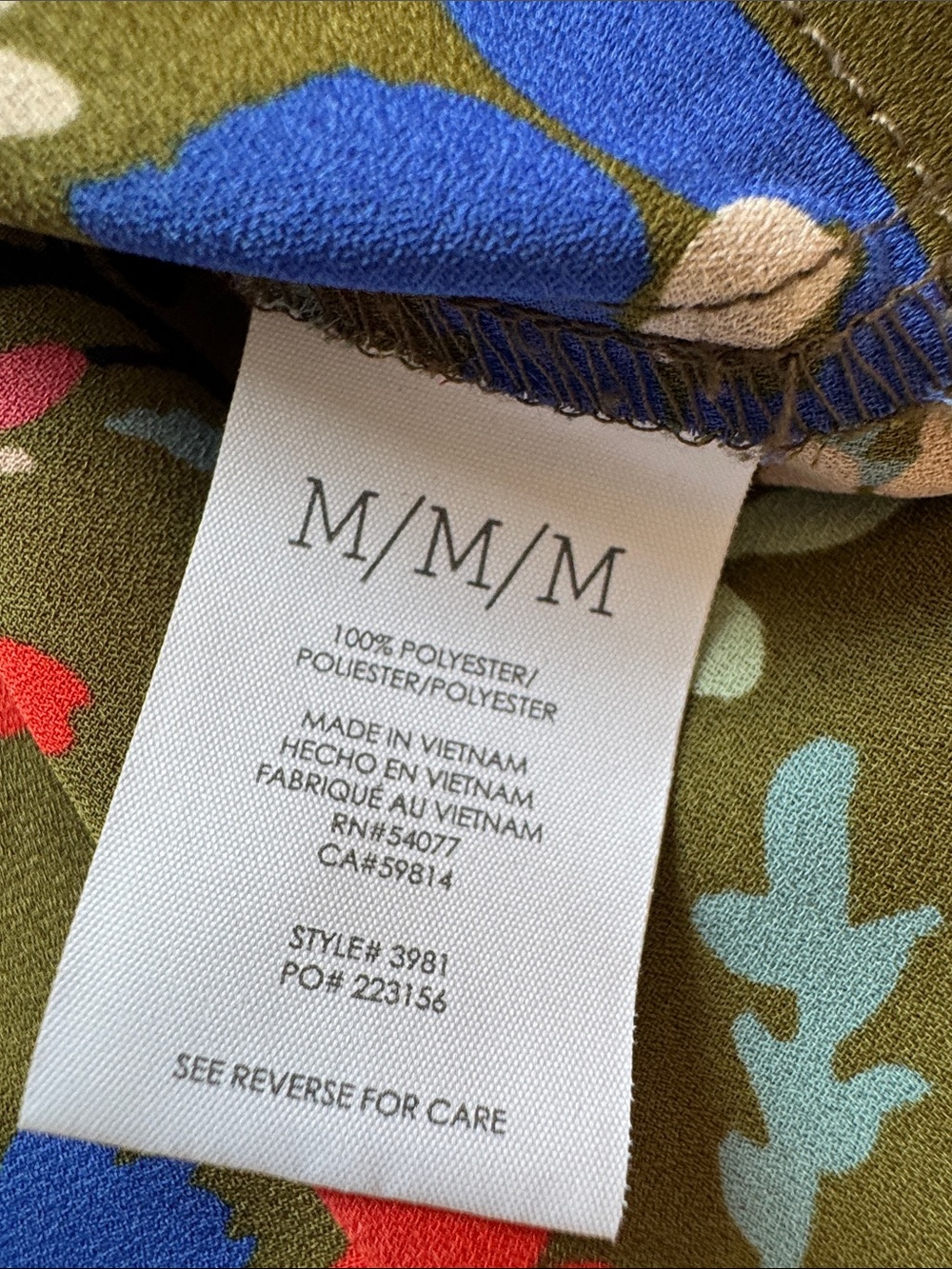 CAbi Wildflower Top Medium Floral Sleeveless Blouse Olive Green Style 3981 - Picture 5 of 6
